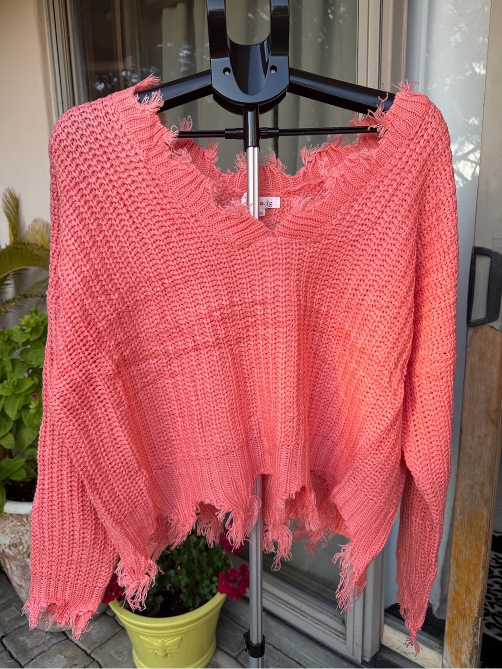 Miracle Coral Distressed Knit Scoop Neck Sweater